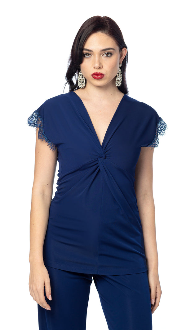 Blusa con Nodo e Pizzo Inchiostro