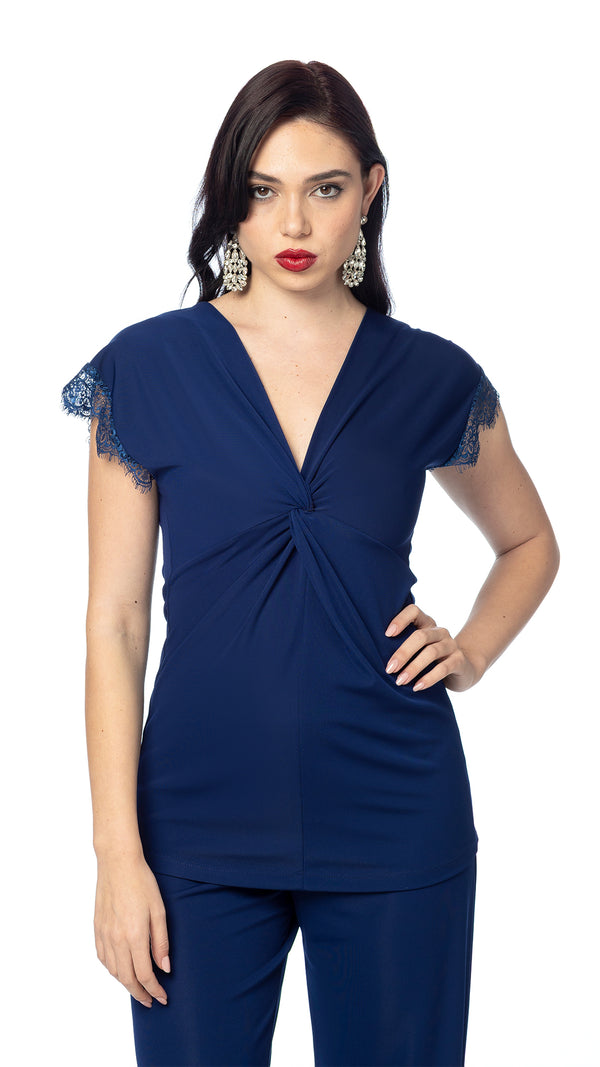 Blusa con Nodo e Pizzo Inchiostro