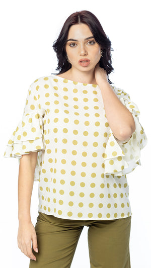 Blusa in Doppio Georgette Pois con Maniche a Volant