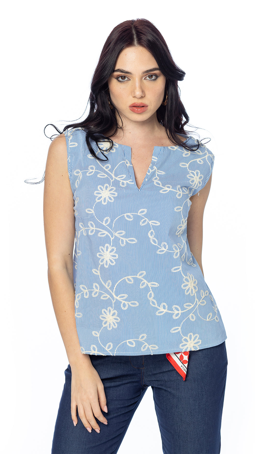 Blusa in Cotone a Righe con Ricamo Floreale