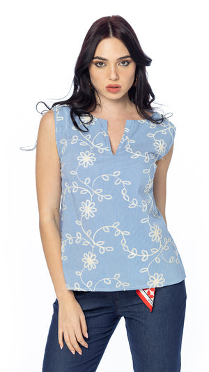 Blusa in Cotone a Righe con Ricamo Floreale