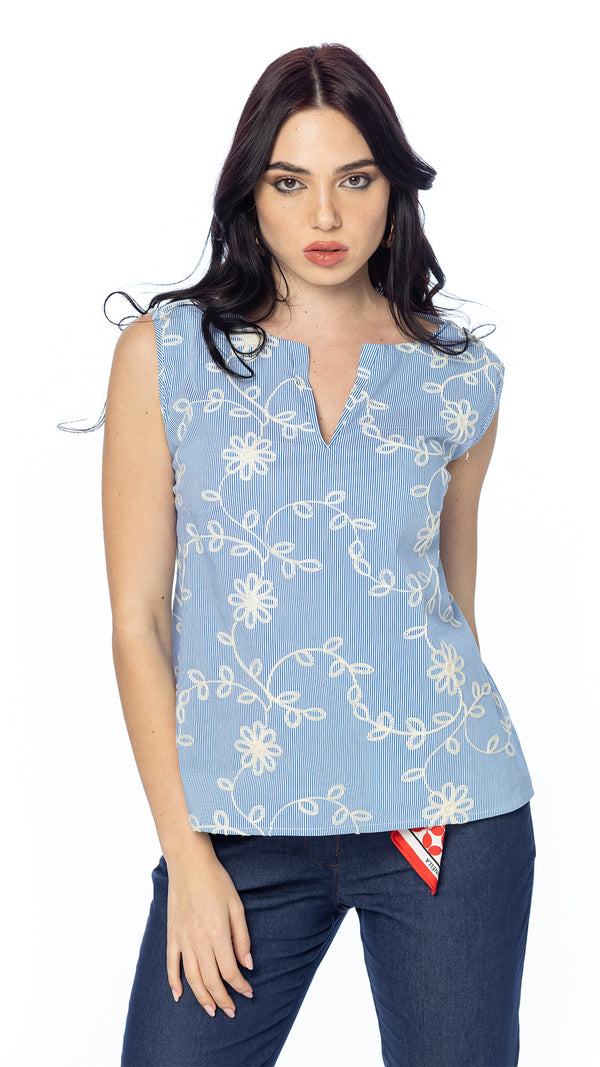 Blusa in Cotone a Righe con Ricamo Floreale