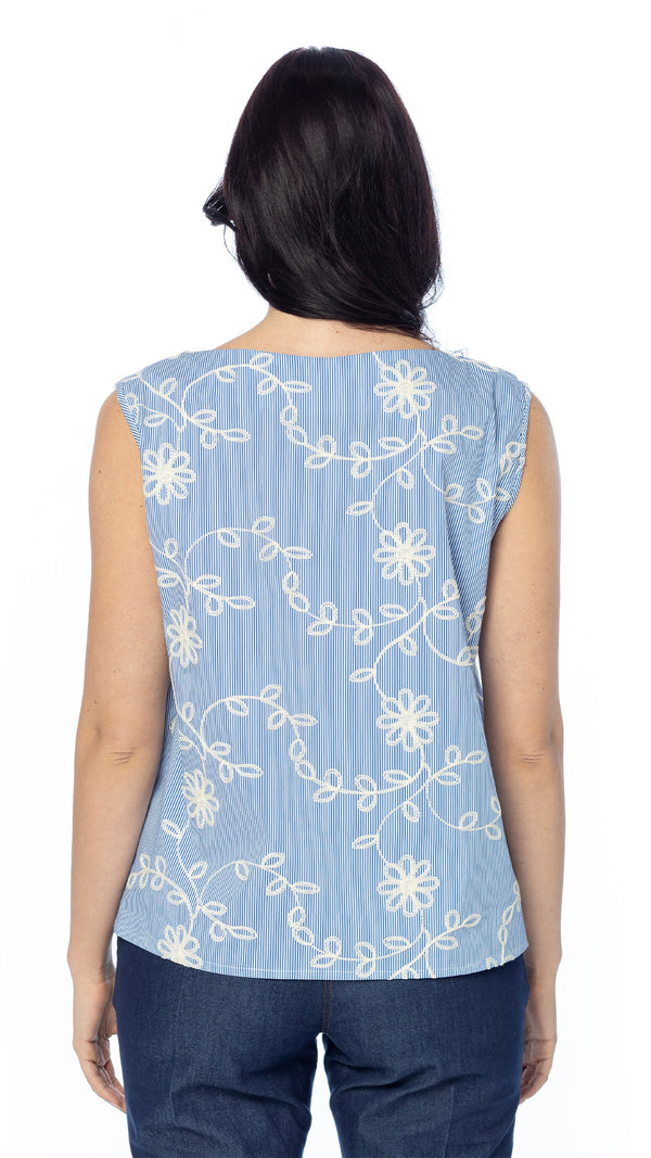 Blusa in Cotone a Righe con Ricamo Floreale