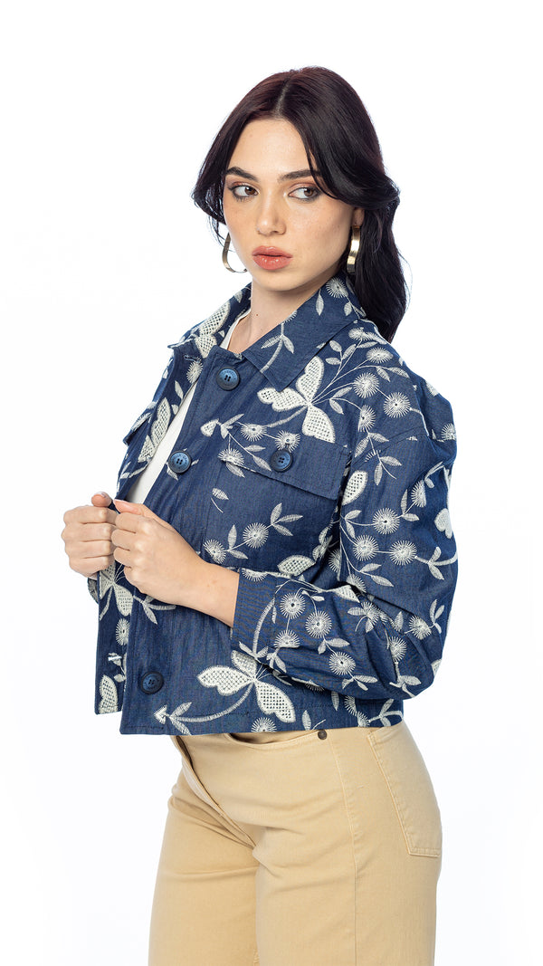 Giacca Cropped Libellula in Denim Ricamato