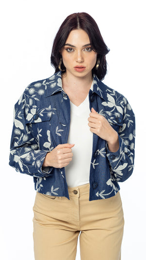 Giacca Cropped Libellula in Denim Ricamato