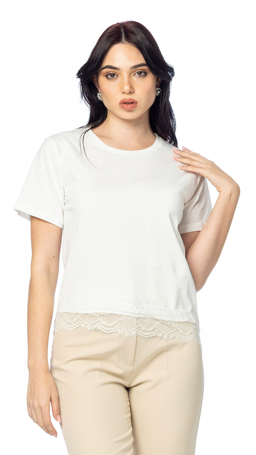 T-shirt Asimmetrica con Inserto in Pizzo