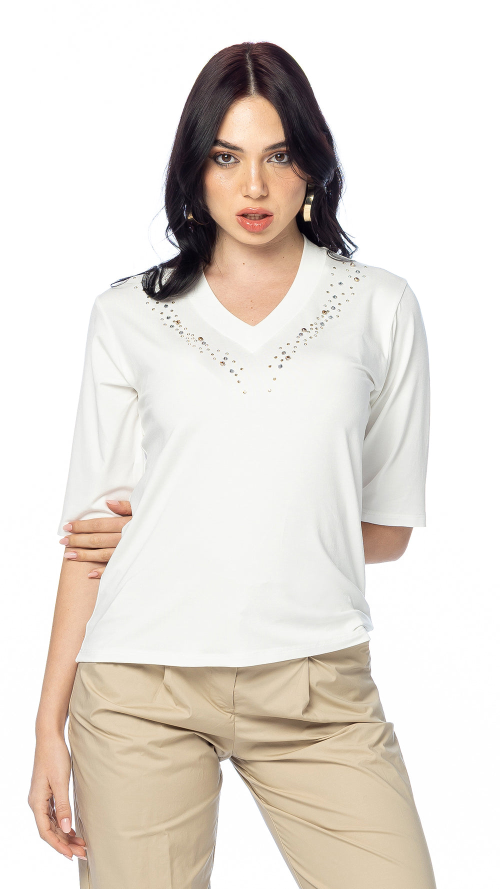 T-shirt in Jersey di Viscosa con Scollo a V – Manica al Gomito