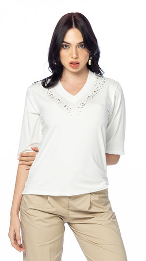 T-shirt in Jersey di Viscosa con Scollo a V – Manica al Gomito