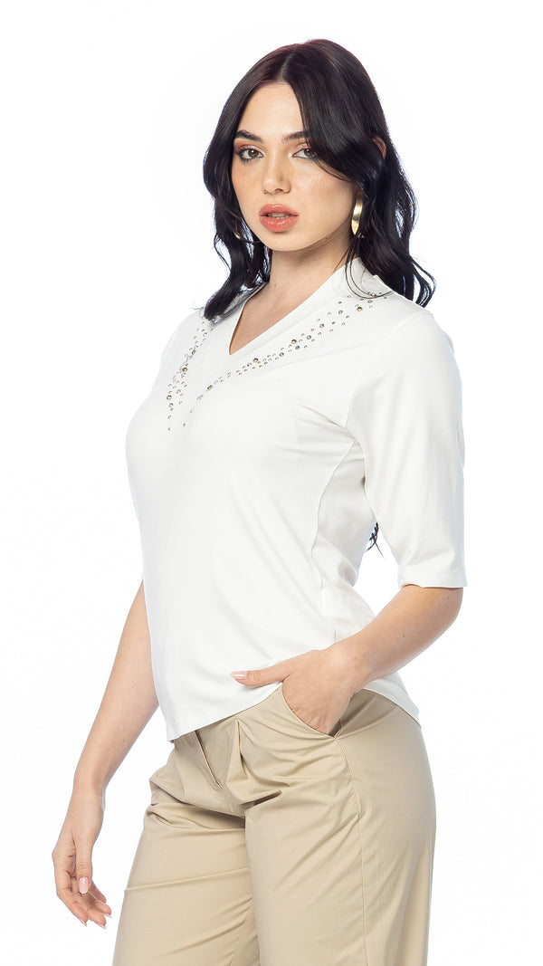 T-shirt in Jersey di Viscosa con Scollo a V – Manica al Gomito