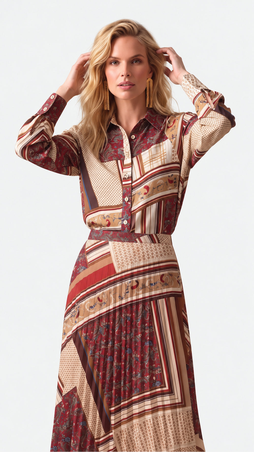 Look 03 — Camicia fantasia e gonna plissé — Cannella FW26/27