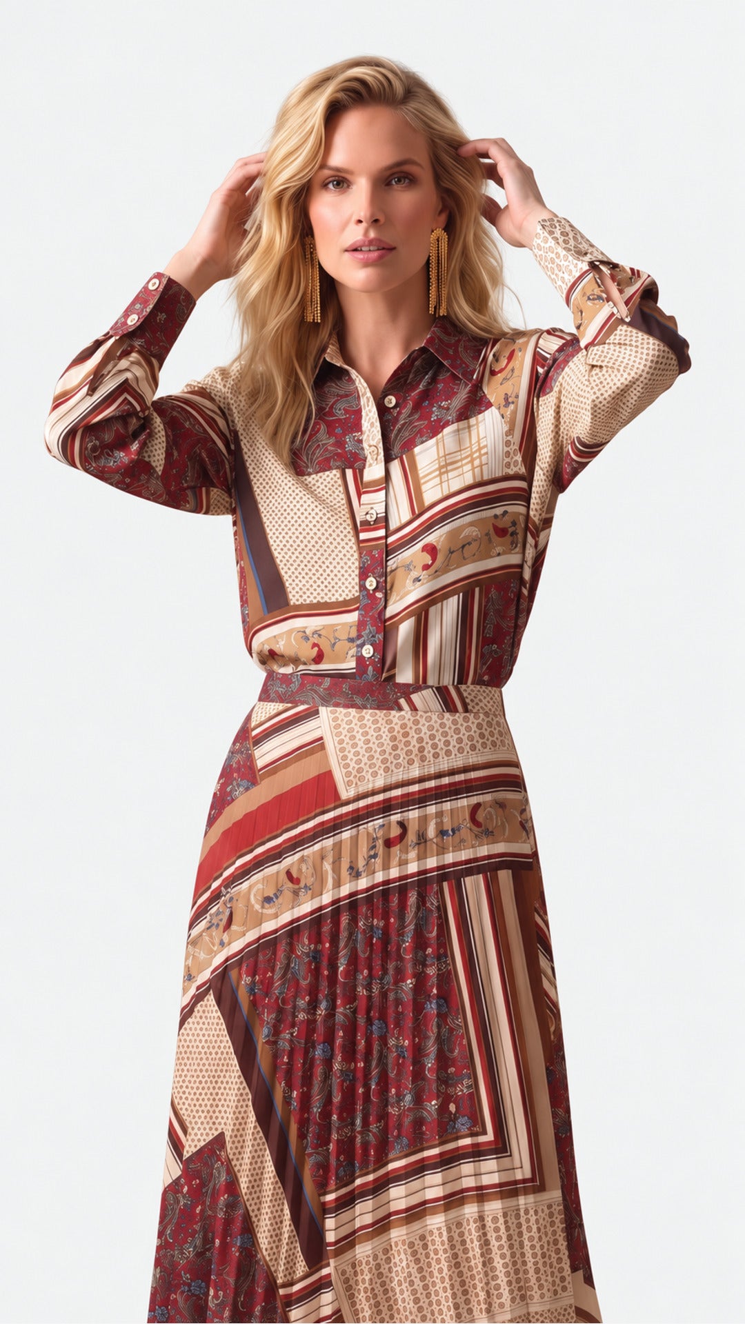 Look 03 — Camicia fantasia e gonna plissé — Cannella FW26/27