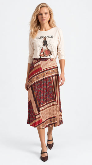 Look 04 — T-shirt stampata e gonna plissé — Cannella FW26/27