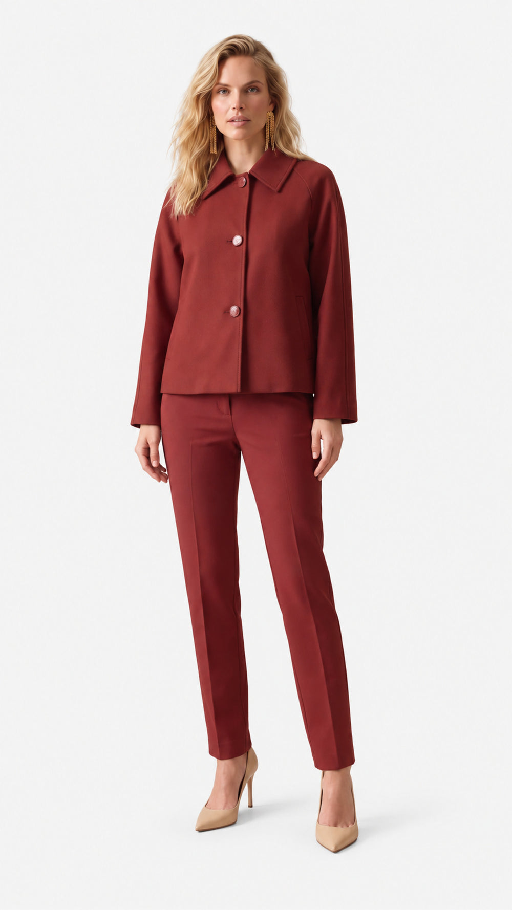 Look 07 — Giacca corta e pantalone coordinato — Cannella FW26/27