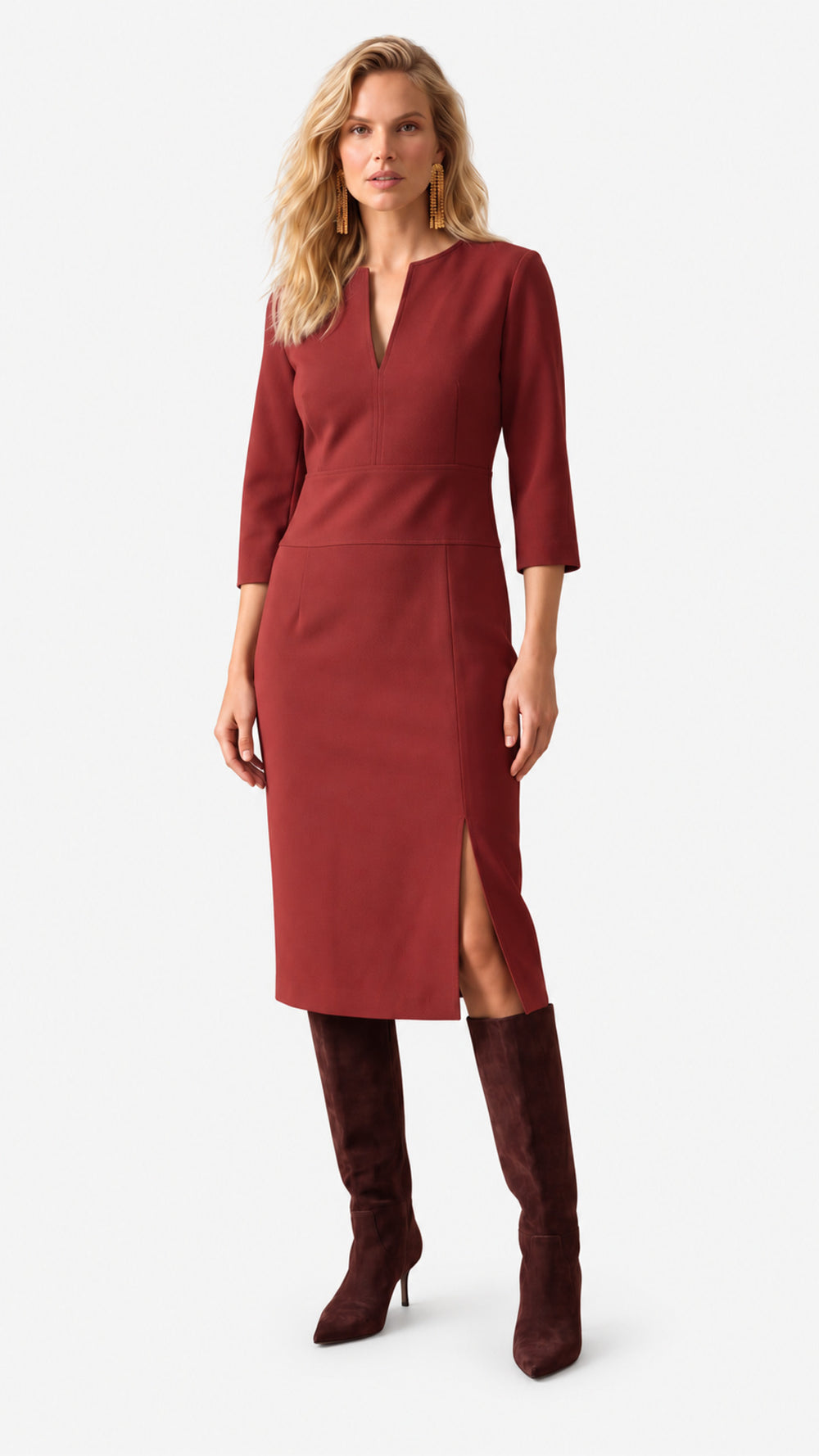 Look 08 — Abito longuette con scollo a intaglio — Cannella FW26/27
