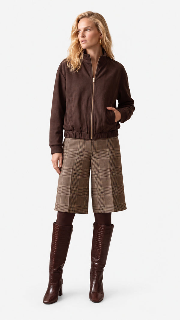 Look 18 — Bomber e bermuda a quadri — Cannella FW26/27