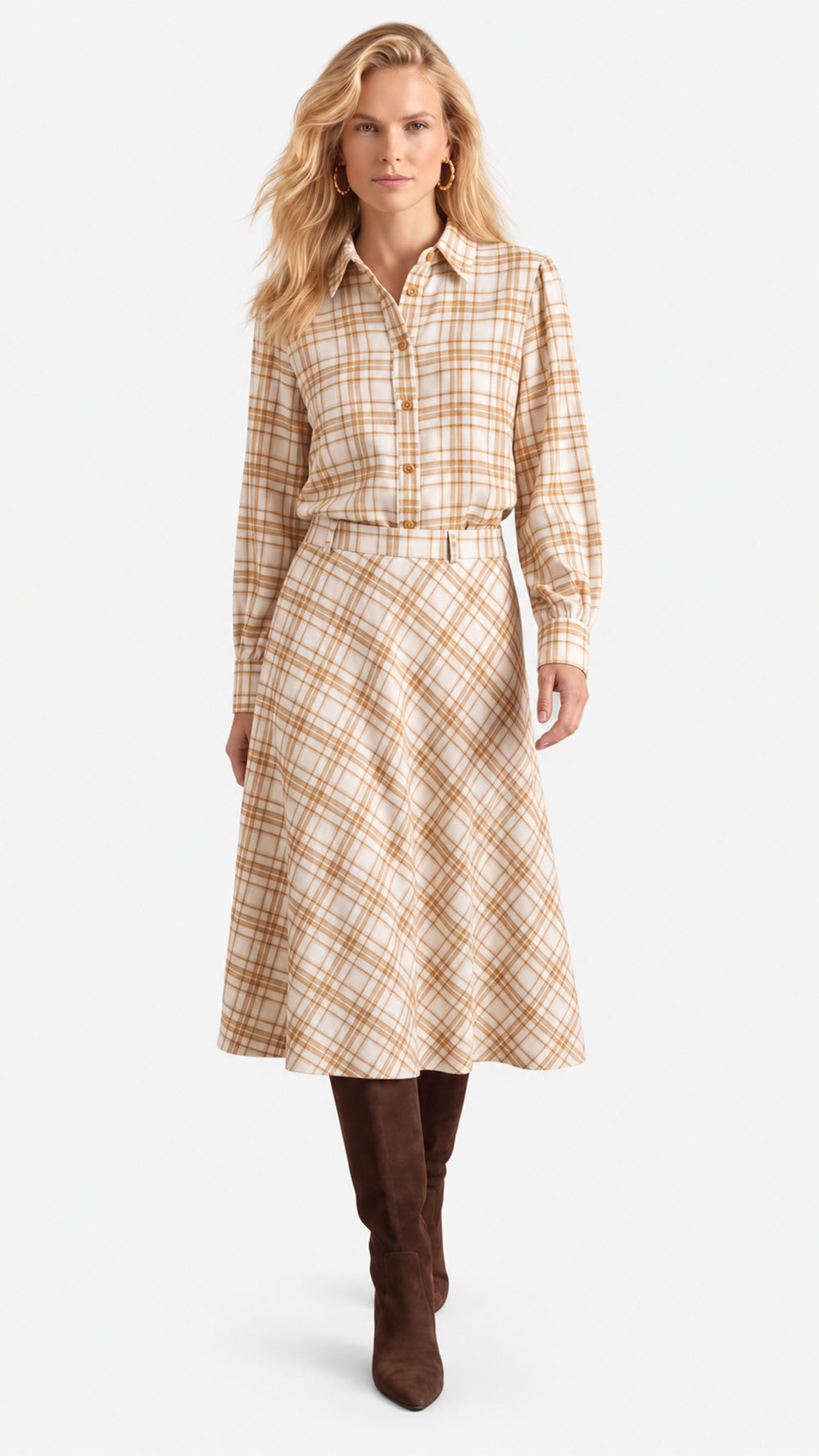 Look 27 — Camicia e gonna coordinata a quadri — Cannella FW26/27