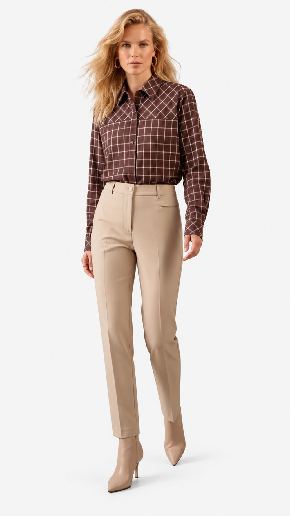 Look 29 — Camicia a quadri e pantalone chiaro — Cannella FW26/27