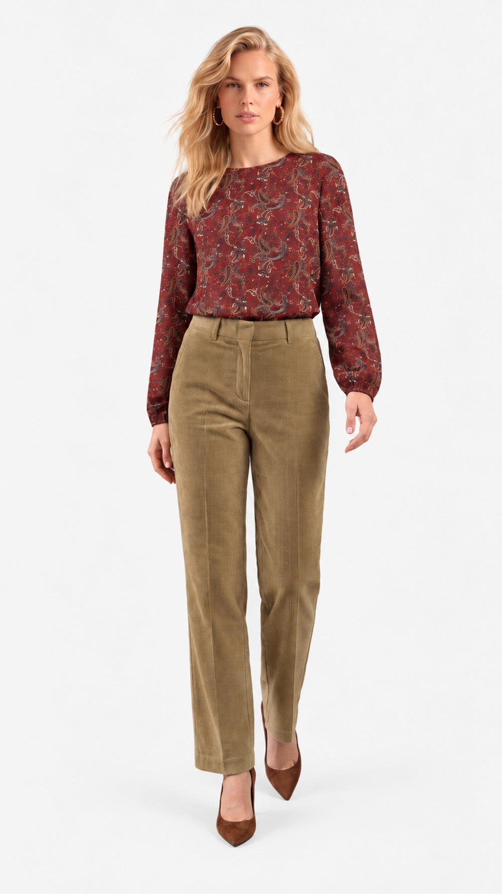 Look 37 — Blusa fantasia e pantalone — Cannella FW26/27