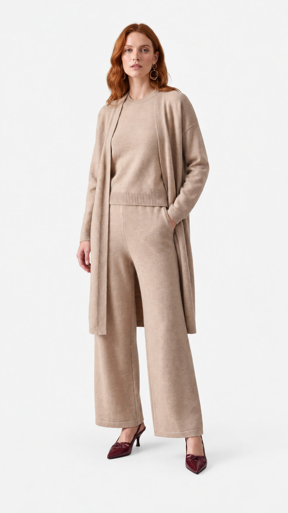 Look 39 — Cardigan lungo, gilet e pantalone — Cannella FW26/27