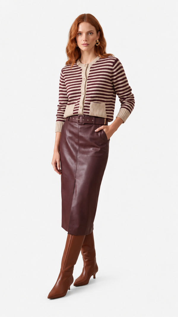 Look 40 — Cardigan a righe e gonna longuette — Cannella FW26/27