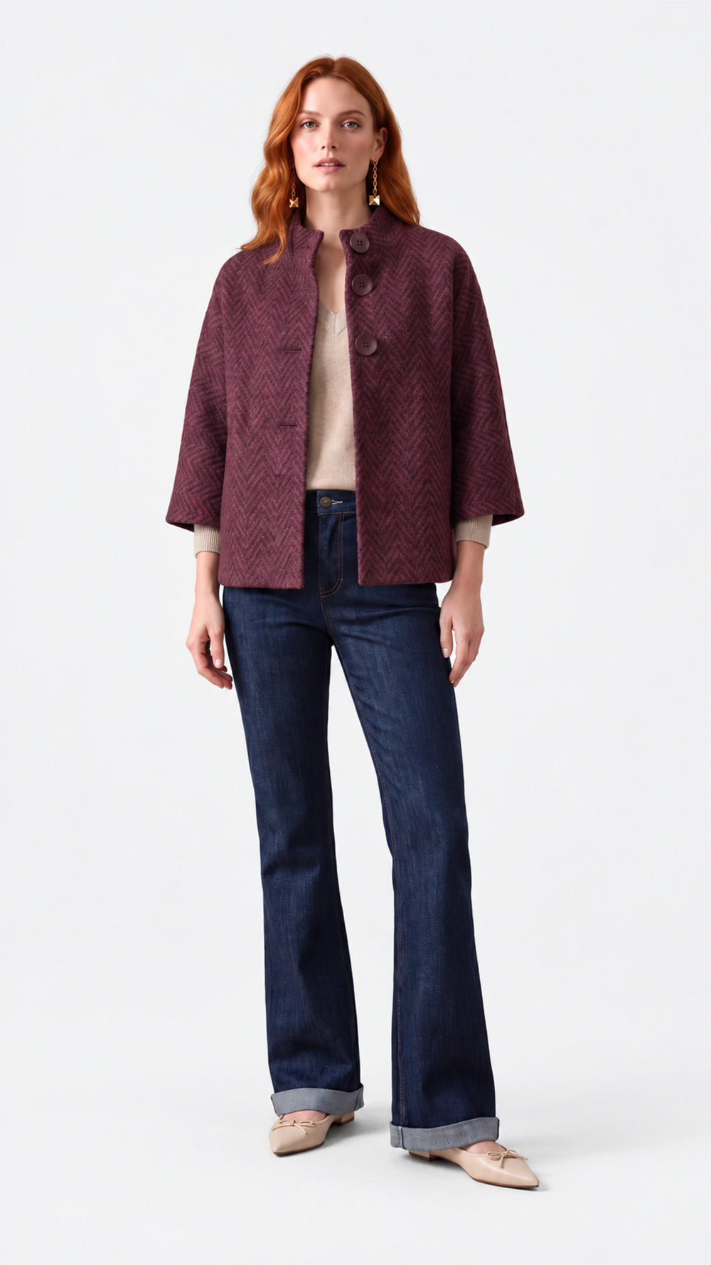 Look 46 — Cappa a tre bottoni e jeans — Cannella FW26/27