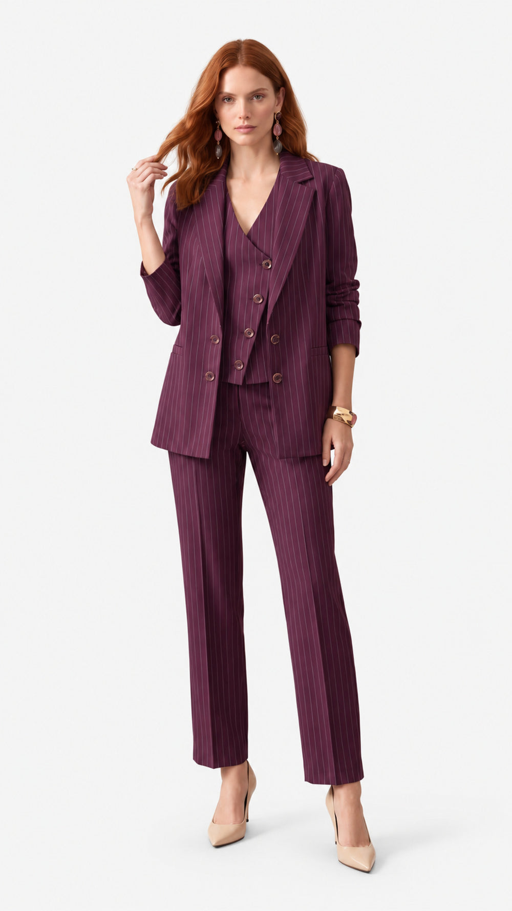 Look 49 — Completo gessato con giacca e gilet — Cannella FW26/27