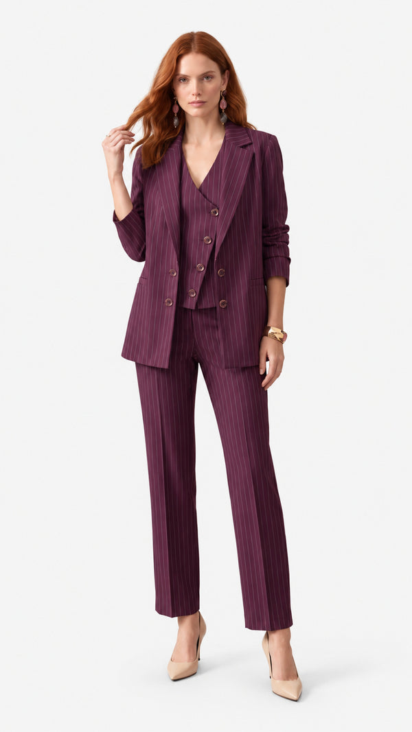 Look 49 — Completo gessato con giacca e gilet — Cannella FW26/27