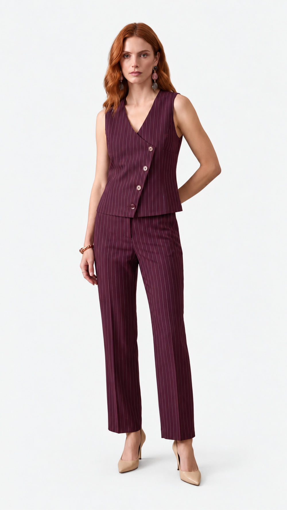 Look 50 — Gilet gessato e pantalone — Cannella FW26/27