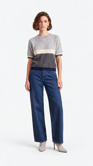 Look 67 — Maglia a blocchi di colore e jeans — Cannella FW26/27