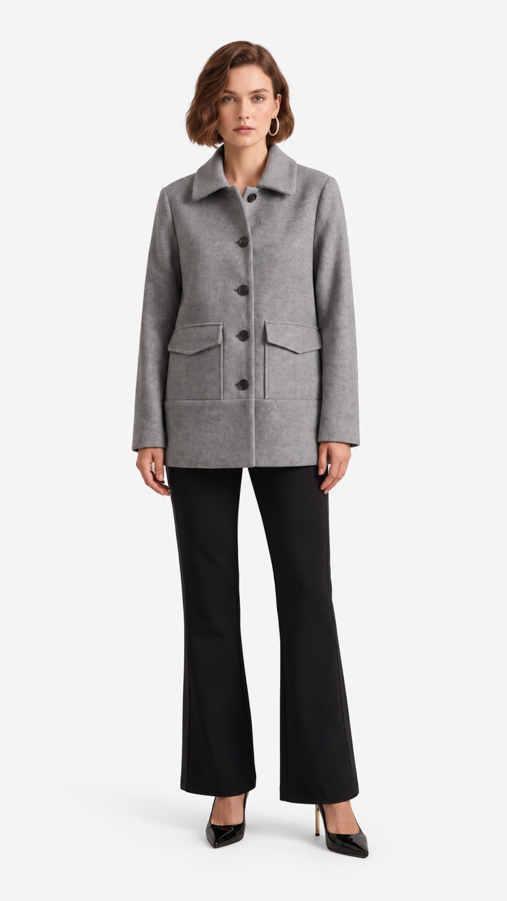 Look 73 — Cappotto corto e pantalone nero — Cannella FW26/27